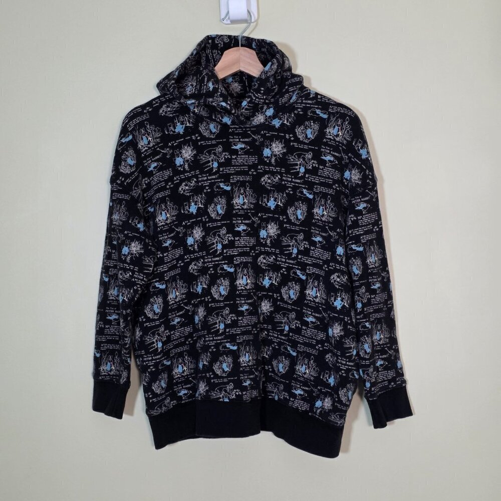 Uniqlo x Peter Rabbit Overprint Hoodie Men XL Black AOP LS Beatrix Potter Unisex